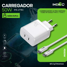 Carregador De Tomada Com 2 Usb-C Com Cabo Usb-C 50W Ims-277Bc Imenso