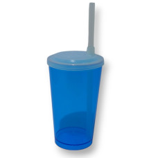 Copo Suco Caldereta 300ml com tampa e canudo Neon Azul