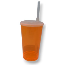 Copo Suco Caldereta 300ml com tampa e canudo Neon Laranja