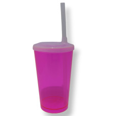 Copo Suco Caldereta 300ml com tampa e canudo Neon Rosa